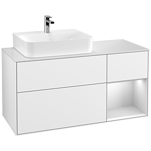 Villeroy und Boch Finion Waschtischunterschrank F151MTGF 120cm, Abdeckplatte white matt, Regal rechts White matt lacquer, Glossy white lacquer