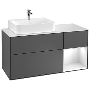 Villeroy und Boch Finion Waschtischunterschrank G151MTGK 120cm, Abdeckplatte white matt, Emotion, Regal links White matt lacquer, Anthracite matt