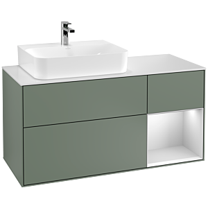 Villeroy und Boch Finion Waschtischunterschrank F151MTGM 120cm, Abdeckplatte white matt, Regal rechts White matt lacquer, Olive Matt Lacquer