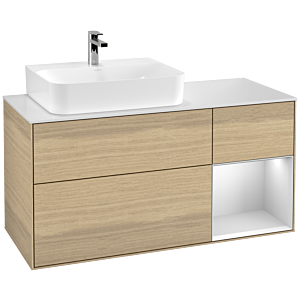 Villeroy und Boch Finion Waschtischunterschrank F151MTPC 120cm, Abdeckplatte white matt, Regal rechts White matt lacquer, Oak Veneer