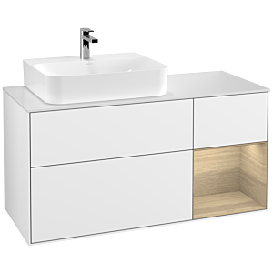 Villeroy und Boch Finion Waschtischunterschrank F151PCGF 120cm, Abdeckplatte white matt, Regal rechts Oak Veneer, Glossy white lacquer