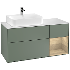 Villeroy und Boch Finion Waschtischunterschrank F151PCGM 120cm, Abdeckplatte white matt, Regal rechts Oak Veneer, Olive Matt Lacquer