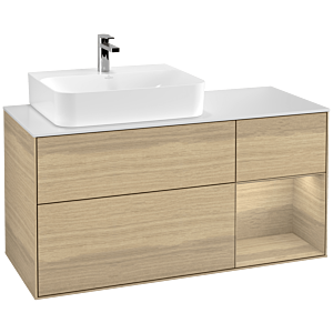 Villeroy und Boch Finion Waschtischunterschrank F151PCPC 120cm, Abdeckplatte white matt, Regal rechts Oak Veneer, Oak Veneer