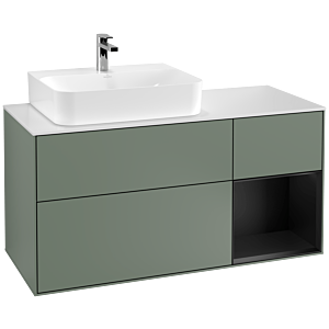 Villeroy et Boch Finion Villeroy et Boch F151PDGM 120cm, plaque de recouvrement blanc mat, étagère à droite laqué noir mat, Olive Matt Lacquer
