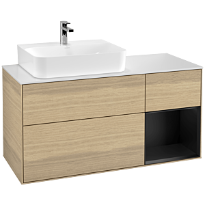 Villeroy und Boch Finion Waschtischunterschrank F151PDPC 120cm, Abdeckplatte white matt, Regal rechts Black matt lacquer, Oak Veneer