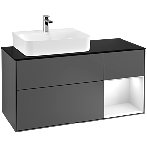 Villeroy und Boch Finion Waschtischunterschrank F152GFGK 120cm, Abdeckplatte black matt, Regal rechts Glossy white lacquer, Anthracite matt