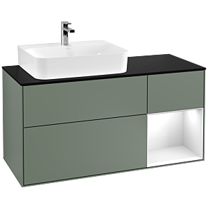 Villeroy und Boch Finion Waschtischunterschrank F152GFGM 120cm, Abdeckplatte black matt, Regal rechts Glossy white lacquer, Olive Matt Lacquer