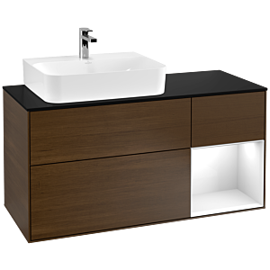 Villeroy und Boch Finion Waschtischunterschrank F152GFGN 120cm, Abdeckplatte black matt, Regal rechts Glossy white lacquer, Walnut veneer