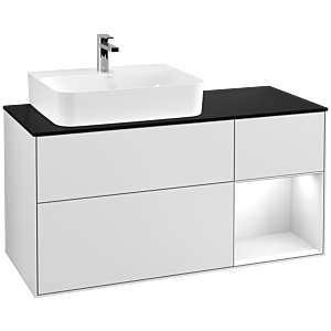 Villeroy und Boch Finion Waschtischunterschrank F152GFMT 120cm, Abdeckplatte black matt, Regal rechts Glossy white lacquer, White matt lacquer