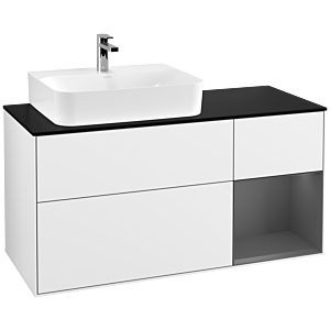 Villeroy und Boch Finion Waschtischunterschrank F152GKGF 120cm, Abdeckplatte black matt, Regal rechts Anthracite matt, Glossy white lacquer