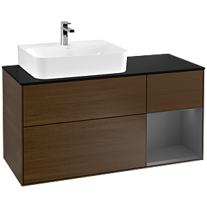 Villeroy und Boch Finion Waschtischunterschrank F152GKGN 120cm, Abdeckplatte black matt, Regal rechts Anthracite matt, Walnut veneer