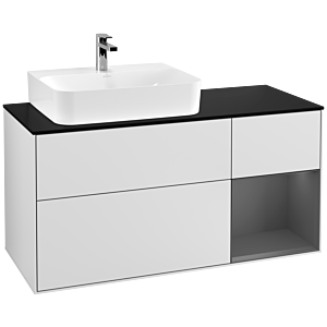 Villeroy und Boch Finion Waschtischunterschrank F152GKMT 120cm, Abdeckplatte black matt, Regal rechts Anthracite matt, White matt lacquer