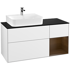 Villeroy und Boch Finion Waschtischunterschrank F152GNGF 120cm, Abdeckplatte black matt, Regal rechts Walnut veneer, Glossy white lacquer