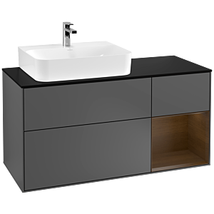 Villeroy und Boch Finion Waschtischunterschrank F152GNGK 120cm, Abdeckplatte black matt, Regal rechts Walnut veneer, Anthracite matt