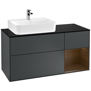 Villeroy und Boch Finion Waschtischunterschrank F152GNHG 120cm, Abdeckplatte black matt, Regal rechts Walnut veneer, Midnight Blue Matt Lacquer