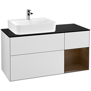 Villeroy und Boch Finion Waschtischunterschrank F152GNMT 120cm, Abdeckplatte black matt, Regal rechts Walnut veneer, White matt lacquer