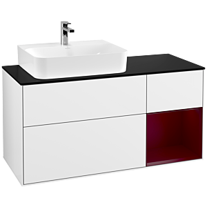 Villeroy und Boch Finion Waschtischunterschrank F152HBGF 120cm, Abdeckplatte black matt, Regal rechts Peony, Glossy white lacquer