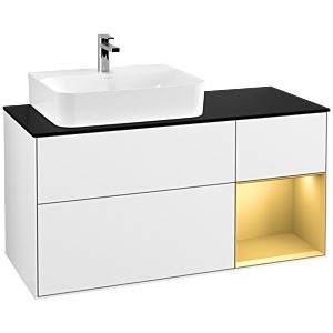 Villeroy und Boch Finion Waschtischunterschrank F152HFGF 120cm, Abdeckplatte black matt, Regal rechts Gold matt, Glossy white lacquer