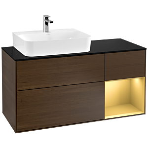 Villeroy und Boch Finion Waschtischunterschrank F152HFGN 120cm, Abdeckplatte black matt, Regal rechts Gold matt, Walnut veneer