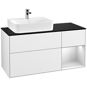 Villeroy und Boch Finion Waschtischunterschrank F152MTGF 120cm, Abdeckplatte black matt, Regal rechts White matt lacquer, Glossy white lacquer