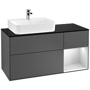 Villeroy und Boch Finion Waschtischunterschrank F152MTGK 120cm, Abdeckplatte black matt, Regal rechts White matt lacquer, Anthracite matt