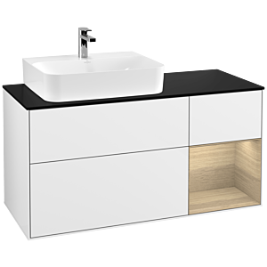 Villeroy und Boch Finion Waschtischunterschrank F152PCGF 120cm, Abdeckplatte black matt, Regal rechts Oak Veneer, Glossy white lacquer