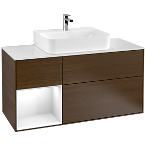 Villeroy und Boch Finion Waschtischunterschrank F161GFGN 120cm, Abdeckplatte white matt, Regal links Glossy white lacquer, Walnut veneer