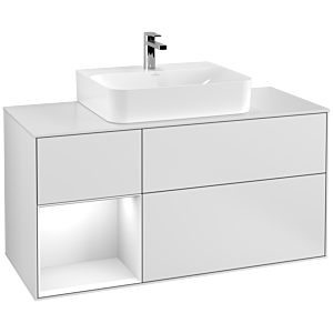 Villeroy et Boch Finion Villeroy et Boch F161GFMT 120cm, plaque de recouvrement blanc mat, étagère gauche laqué blanc brillant, laqué blanc mat