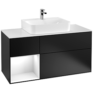 Villeroy und Boch Finion Waschtischunterschrank F161GFPD 120cm, Abdeckplatte white matt, Regal links Glossy white lacquer, Black matt lacquer