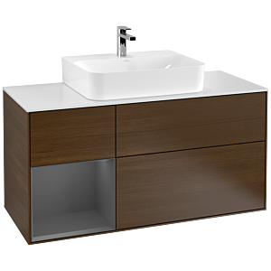 Villeroy und Boch Finion Waschtischunterschrank F161GKGN 120cm, Abdeckplatte white matt, Regal links Anthracite matt, Walnut veneer