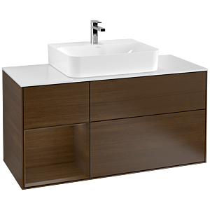 Villeroy und Boch Finion Waschtischunterschrank F161GNGN 120cm, Abdeckplatte white matt, Regal links Walnut veneer, Walnut veneer