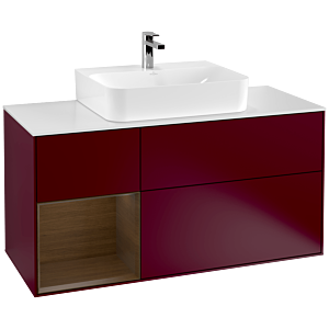 Villeroy und Boch Finion Waschtischunterschrank F161GNHB 120cm, Abdeckplatte white matt, Regal links Walnut veneer, Peony Matt