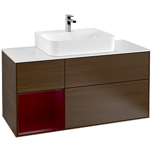 Villeroy und Boch Finion Waschtischunterschrank F161HBGN 120cm, Abdeckplatte white matt, Regal links Peony, Walnut veneer