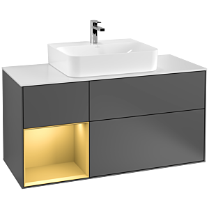Villeroy und Boch Finion Waschtischunterschrank F161HFGK 120cm, Abdeckplatte white matt, Regal links Gold matt, Anthracite matt