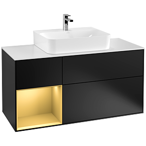 Villeroy und Boch Finion Waschtischunterschrank F161HFPD 120cm, Abdeckplatte white matt, Regal links Gold matt, Black matt lacquer