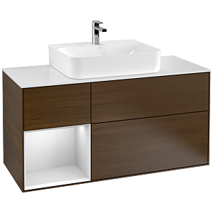 Villeroy und Boch Finion Waschtischunterschrank F161MTGN 120cm, Abdeckplatte white matt, Regal links White matt lacquer, Walnut veneer