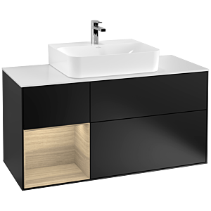 Villeroy und Boch Finion Waschtischunterschrank F161PCPD 120cm, Abdeckplatte white matt, Regal links Oak Veneer, Black matt lacquer