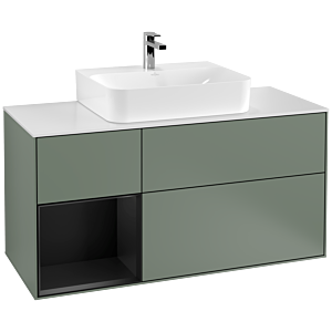 Villeroy et Boch Finion Villeroy et Boch F161PDGM 120cm, plaque de recouvrement blanc mat, étagère gauche laqué noir mat, Olive Matt Lacquer