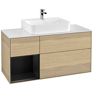 Villeroy und Boch Finion Waschtischunterschrank F161PDPC 120cm, Abdeckplatte white matt, Regal links Black matt lacquer, Oak Veneer
