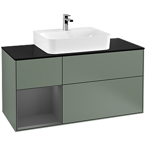 Villeroy und Boch Finion Waschtischunterschrank F162GKGM 120cm, Abdeckplatte black matt, Regal links Anthracite matt, Olive Matt Lacquer