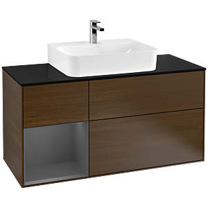 Villeroy und Boch Finion Waschtischunterschrank F162GKGN 120cm, Abdeckplatte black matt, Regal links Anthracite matt, Walnut veneer