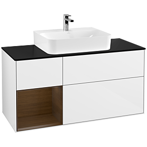 Villeroy und Boch Finion Waschtischunterschrank F162GNGF 120cm, Abdeckplatte black matt, Regal links Walnut veneer, Glossy white lacquer