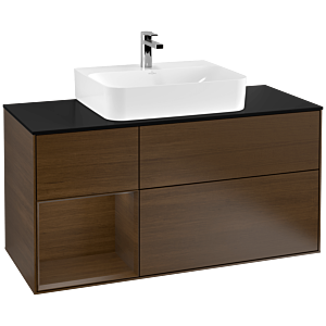Villeroy und Boch Finion Waschtischunterschrank F162GNGN 120cm, Abdeckplatte black matt, Regal links Walnut veneer, Walnut veneer