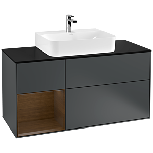 Villeroy und Boch Finion Waschtischunterschrank F162GNHG 120cm, Abdeckplatte black matt, Regal links Walnut veneer, Midnight Blue Matt Lacquer