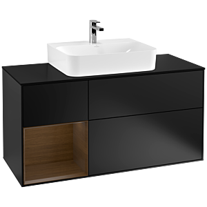 Villeroy und Boch Finion Waschtischunterschrank F162GNPD 120cm, Abdeckplatte black matt, Regal links Walnut veneer, Black matt lacquer
