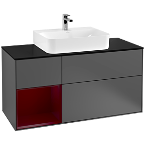 Villeroy und Boch Finion Waschtischunterschrank F162HBGK 120cm, Abdeckplatte black matt, Regal links Peony, Anthracite matt
