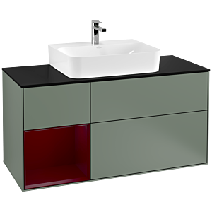 Villeroy und Boch Finion Waschtischunterschrank F162HBGM 120cm, Abdeckplatte black matt, Regal links Peony, Olive Matt Lacquer