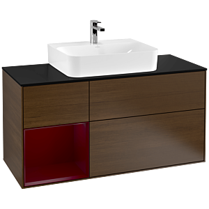 Villeroy und Boch Finion Waschtischunterschrank F162HBGN 120cm, Abdeckplatte black matt, Regal links Peony, Walnut veneer