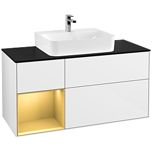 Villeroy und Boch Finion Waschtischunterschrank F162HFGF 120cm, Abdeckplatte black matt, Regal links Gold matt, Glossy white lacquer