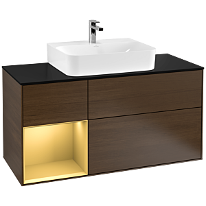 Villeroy und Boch Finion Waschtischunterschrank F162HFGN 120cm, Abdeckplatte black matt, Regal links Gold matt, Walnut veneer